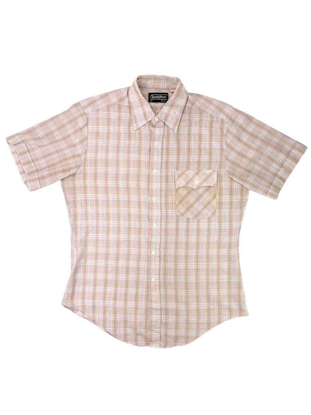 Vintage Sears Sportswear Beige Blue Plaid Short Sleeve Button-Up Shirt Size Medi